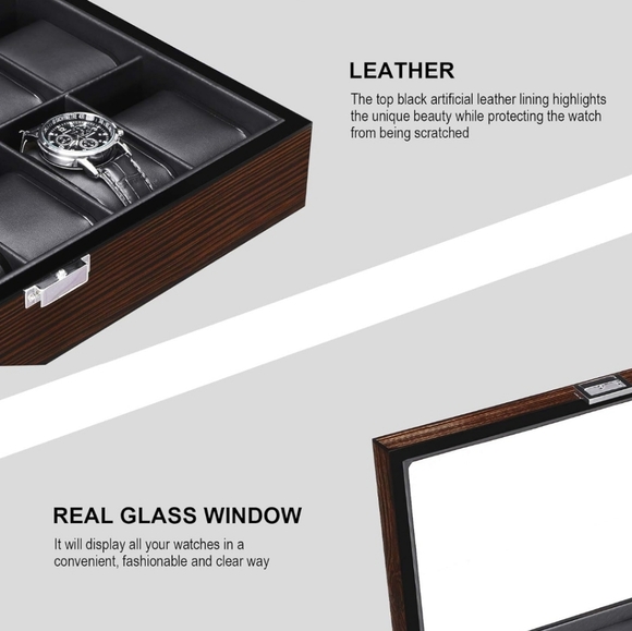 BEWISHOME 12-Slot Watch Box with Glass Window, Brown - Picture 2 of 9